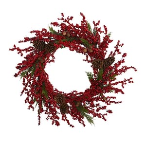 34 in. Cypress Artificial Wreath with Berries and Pine Cones