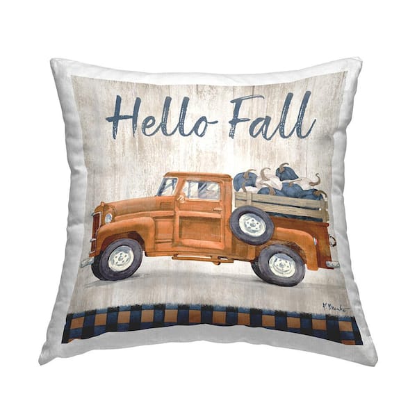 Stupell Industries Hello Fall Pumpkin Truckload Rustic Tartan Multi-Color Print Polyester 18in. X 18in. Throw Pillow