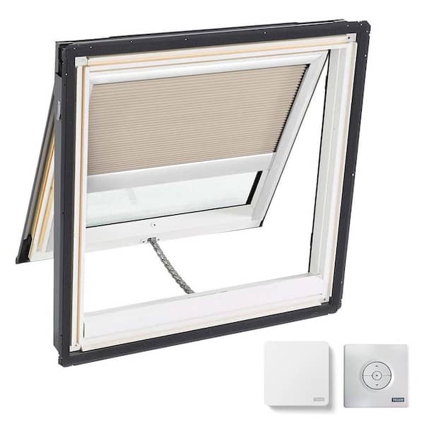 VELUX 30.06 x 37.88 in. Venting Deck-Mount Skylight, Laminated Low-E3 Glass, Classic Sand Solar Powered Light Filtering Blind