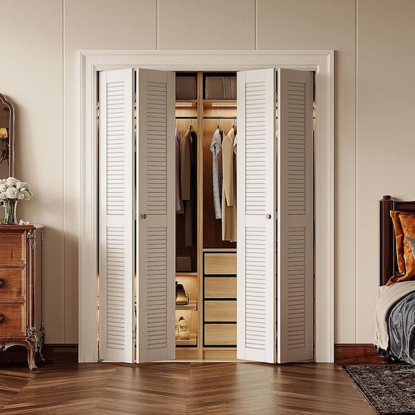 56 in. x 78.75 in. Full Panel Louvered Solid Core White Finished MDF Composite Bi-Fold Door with Hardware Kit