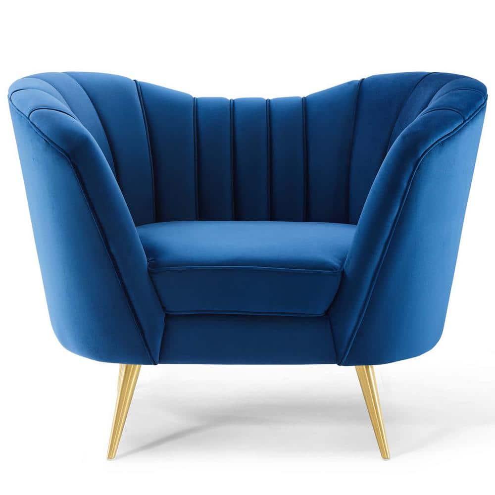 Navy Velvet and Wood Accent Chair with Gold Legs