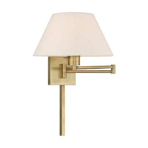 Atwood 1-Light Antique Brass Plug-In/Hardwired Swing Arm Wall Lamp with Oatmeal Fabric Shade