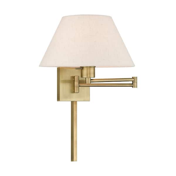 Atwood 1-Light Antique Brass Plug-In/Hardwired Swing Arm Wall Lamp with Oatmeal Fabric Shade