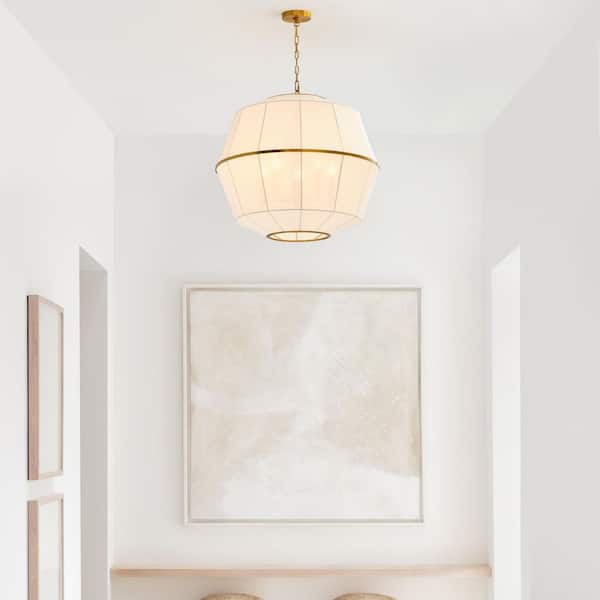 Hikari Large 5-Light Burnished Brass Dining Room Pendant Chandelier with White Linen Shade