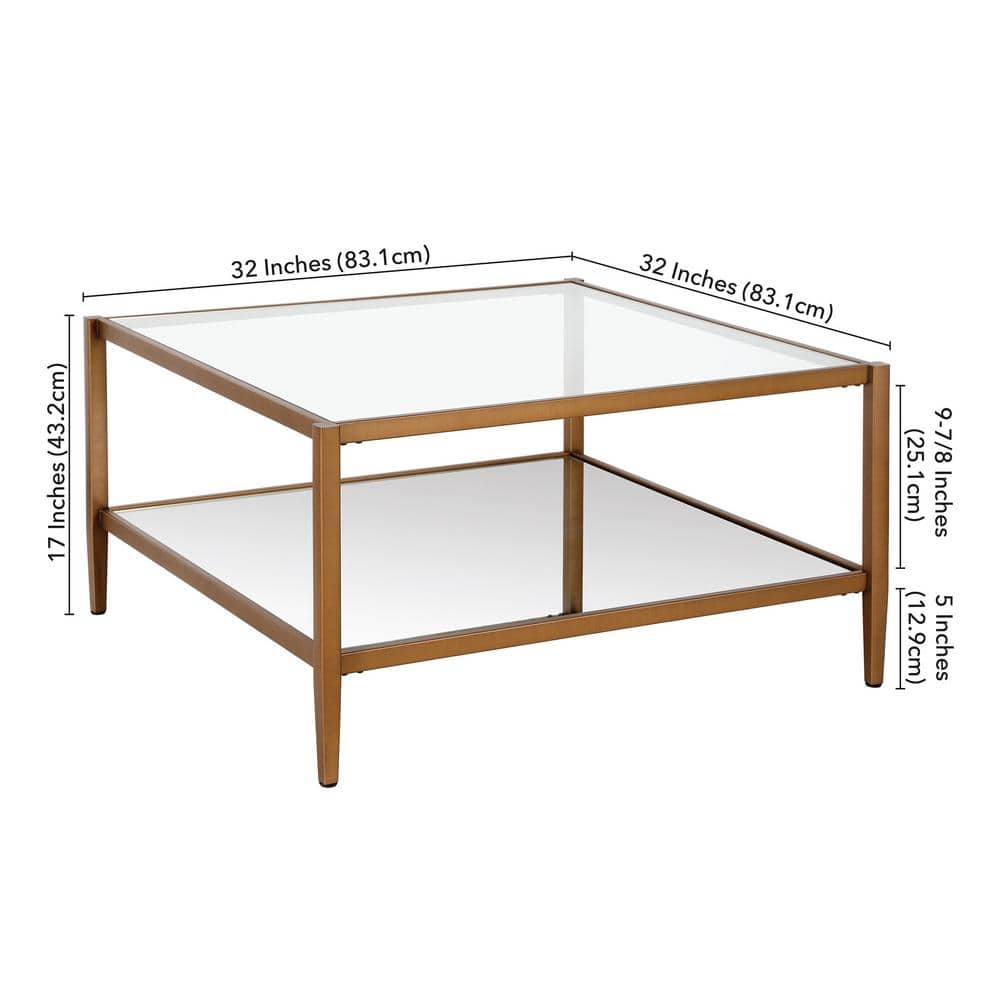 Hera Antique Brass 32" Square Coffee Table with Mirrored Shelf