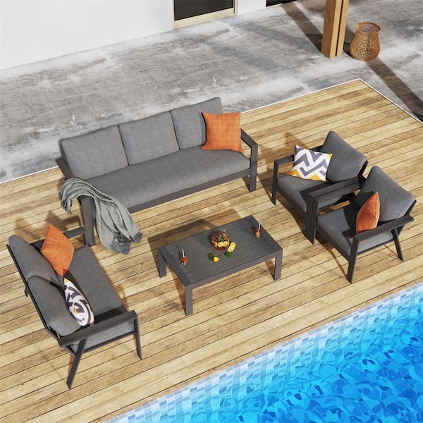 Unbranded 4-Piece Aluminum Metal Outdoor 7-Seater Patio Furniture Sectional with Dark Grey Cushions and Coffee Table