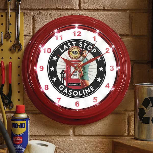 Last Stop Gasoline Pinup Girl LED Wall Clock-Gasoline Decor 12 in.