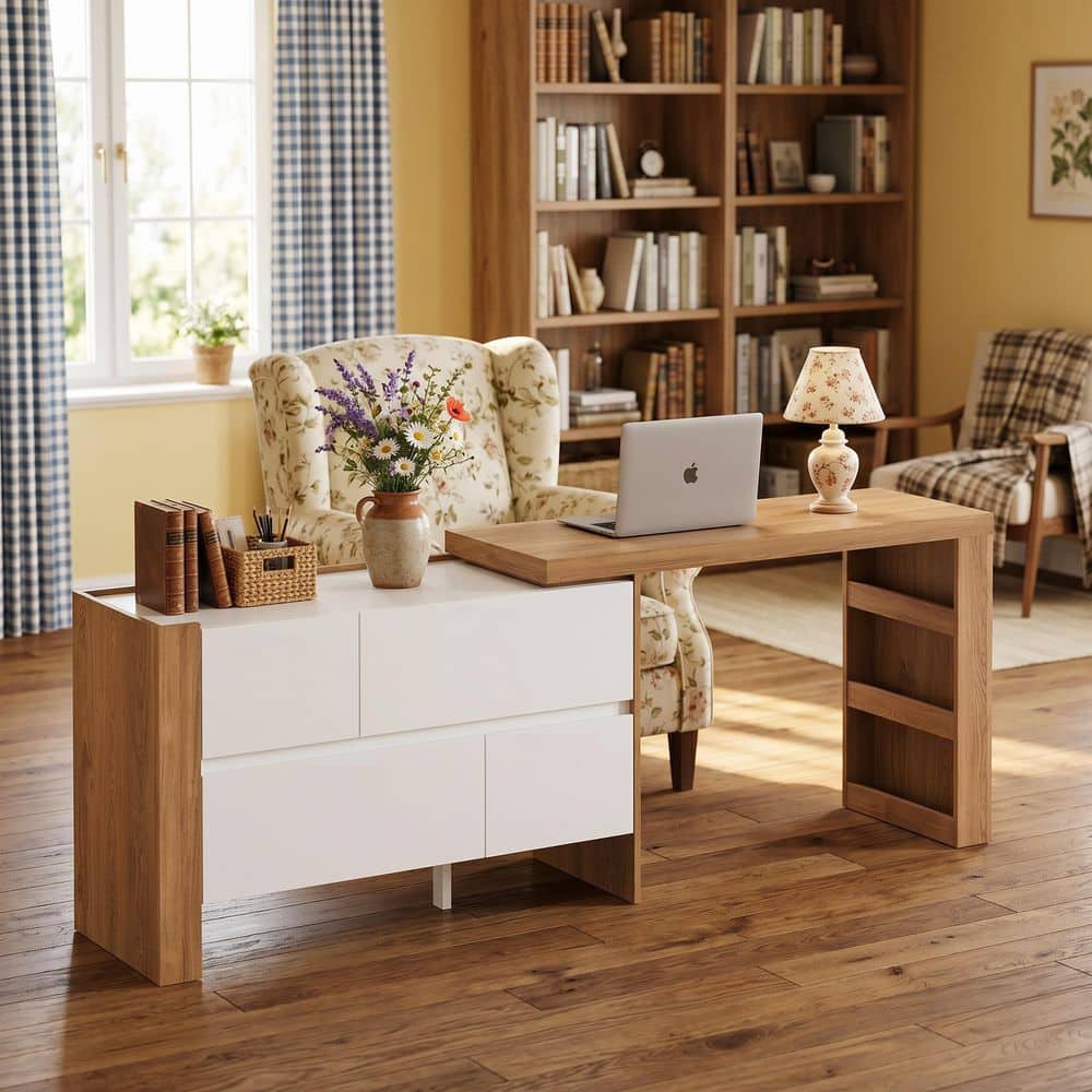 83.8 in. Width Rectangle White & Wooden Grain Wood 4 Drawers Writing Desk, Foldable Compuer Home Office Desk