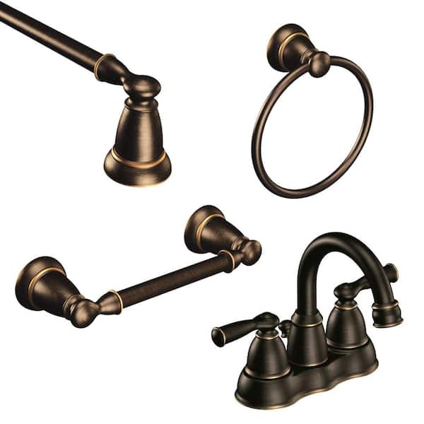 MOEN Banbury 4 in. Centerset 2-Handle Bathroom Faucet Combo Kit with 3-Piece Bath Hardware Set in Mediterranean Bronze