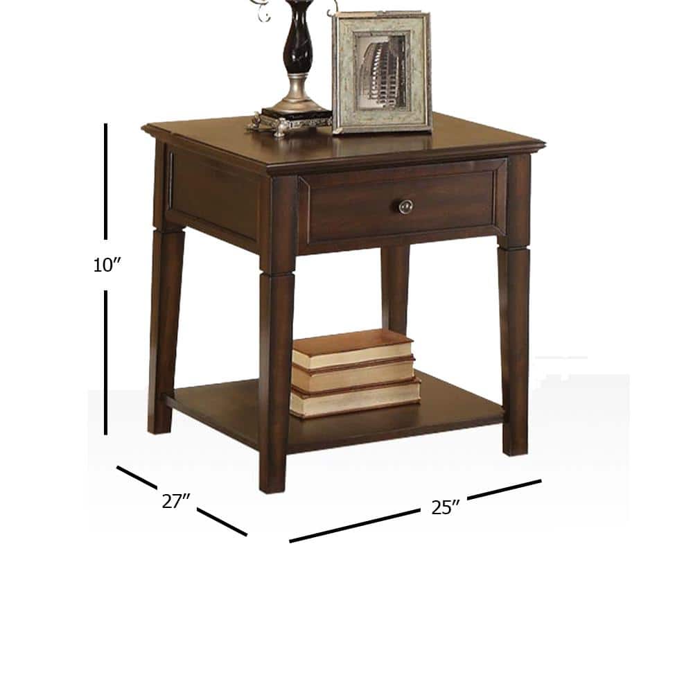 Walnut 24" Wooden End Table with Drawer and Shelf