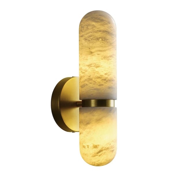 13 in. 2-Light Gold Natural Alabaster Wall Sconce Modern Spanish Marble Bathroom Wall Light, Living Room Bedroom Hallway