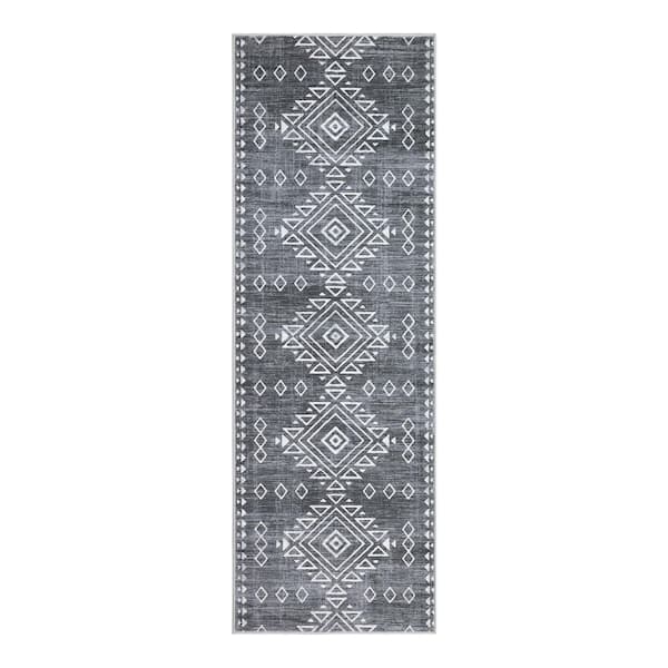 Gray 2x6ft Geometric Retro Corridor Strip Carpet Tribal Style Distressed Area Rug