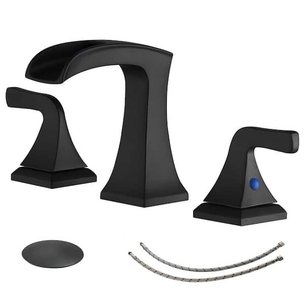 FLG 8 in. Widespread Double Handle 3 Hole Waterfall Bathroom Sink Faucet with Pop-Up Drain Assembly Kit in Matte Black