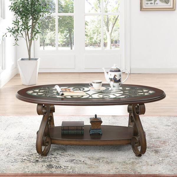 52.5 in. Dark Brown Oval Glass Top Coffee Table with Iron Legs