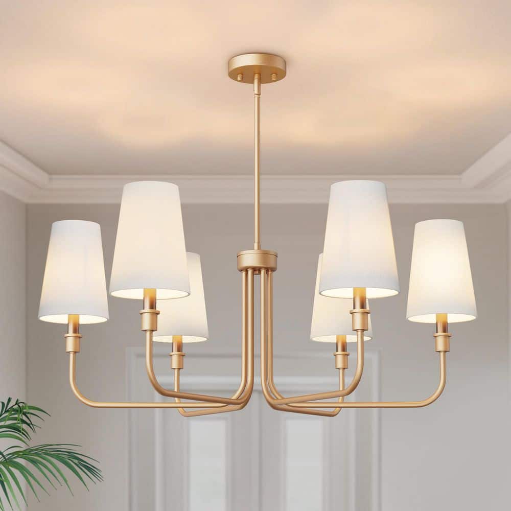 YANSUN 33 in. 6-Light Gold Farmhouse Chandelier with White Linen