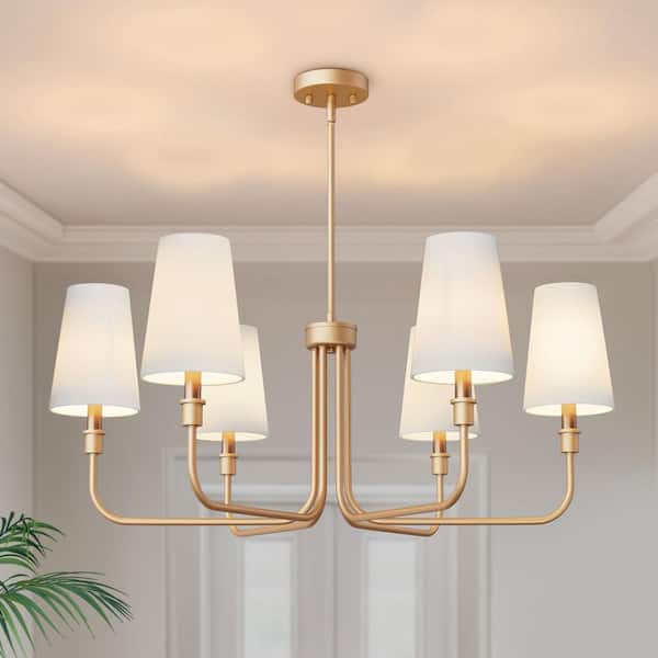 33 in. 6-Light Gold Farmhouse Chandelier with White Linen Shades for Dining Room