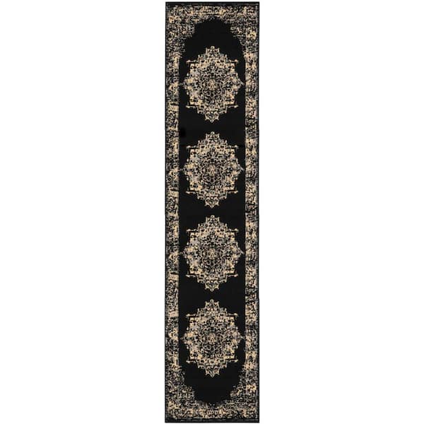 Grafix Black 2 ft. x 12 ft. Persian Medallion Transitional Kitchen Runner Area Rug