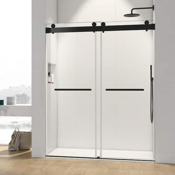 grossag 72 in. W x 76 in. H Frameless Sliding Tub Door in Matte Black with 10mm Clear Glass, Towel Bar and Exposed Rollers