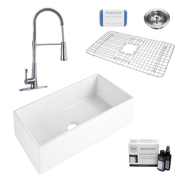 SINKOLOGY Bradstreet II 36 in. Farmhouse Single Bowl Crisp White Fireclay Kitchen Sink with Zuri Faucet Kit