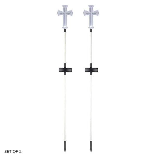 Alpine Corporation 34 in. Tall Outdoor Solar Powered Cross Clear LED Path Light Stakes (Set of 2)