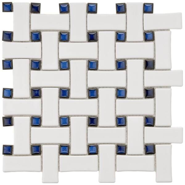 Merola Tile Basket Weave White and Cobalt 9-3/4 in. x 9-3/4 in. x 5 mm Porcelain Mosaic Floor&Wall Tile(6.7 sq.ft./cs)-DISCONTINUED