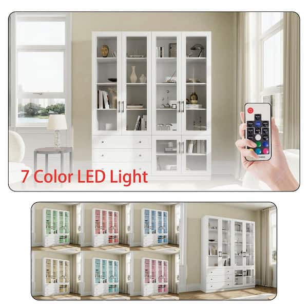 78.7 in. Tall White Wood 10-Shelf Accent Bookcase with Lights, Glass Doors, Drawers, Adjustable Shelves, Display Cabinet