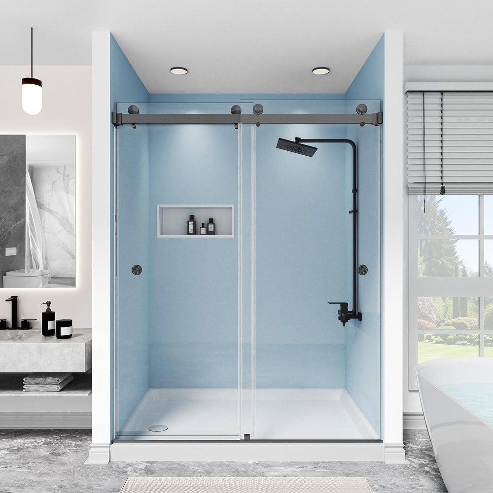 50-55 in. W x 76 in. H Double Sliding Frameless Shower Door in Gungray 3/8 in. Clear Glass Tempered with 2-Finger Pulls price history on PriceWatchPro
