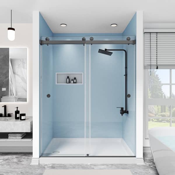 56-61 in. W x 76 in. H Double Sliding Frameless Shower Door in Gungray 3/8 in. Clear Glass Tempered with 2-Finger Pulls