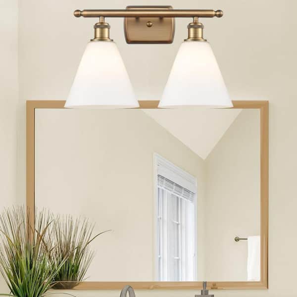 Berkshire 18 in. 2-Light Brushed Brass Vanity Light with Glass Shade