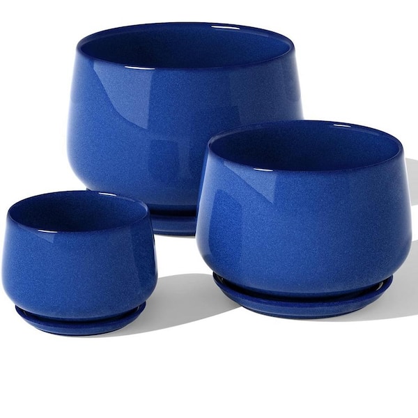 ITOPFOX Modern 6.5 in. L x 6.5 in. W x 5.8 in. H Sapphire Blue Ceramic Round Indoor Planter (3-Pack)