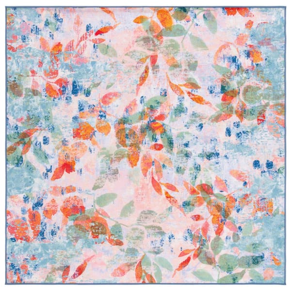 Paint Brush Blush Pink/Green 7 ft. x 7 ft. Machine Washable Gradient Floral Square Area Rug