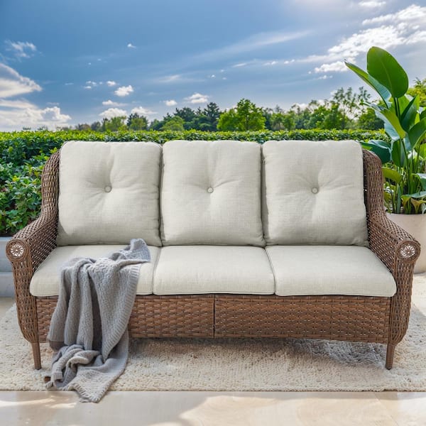moosprr 3-Seat Brown Wicker Outdoor Patio Couch with Beige Cushions and Chrysanthemum Armrest