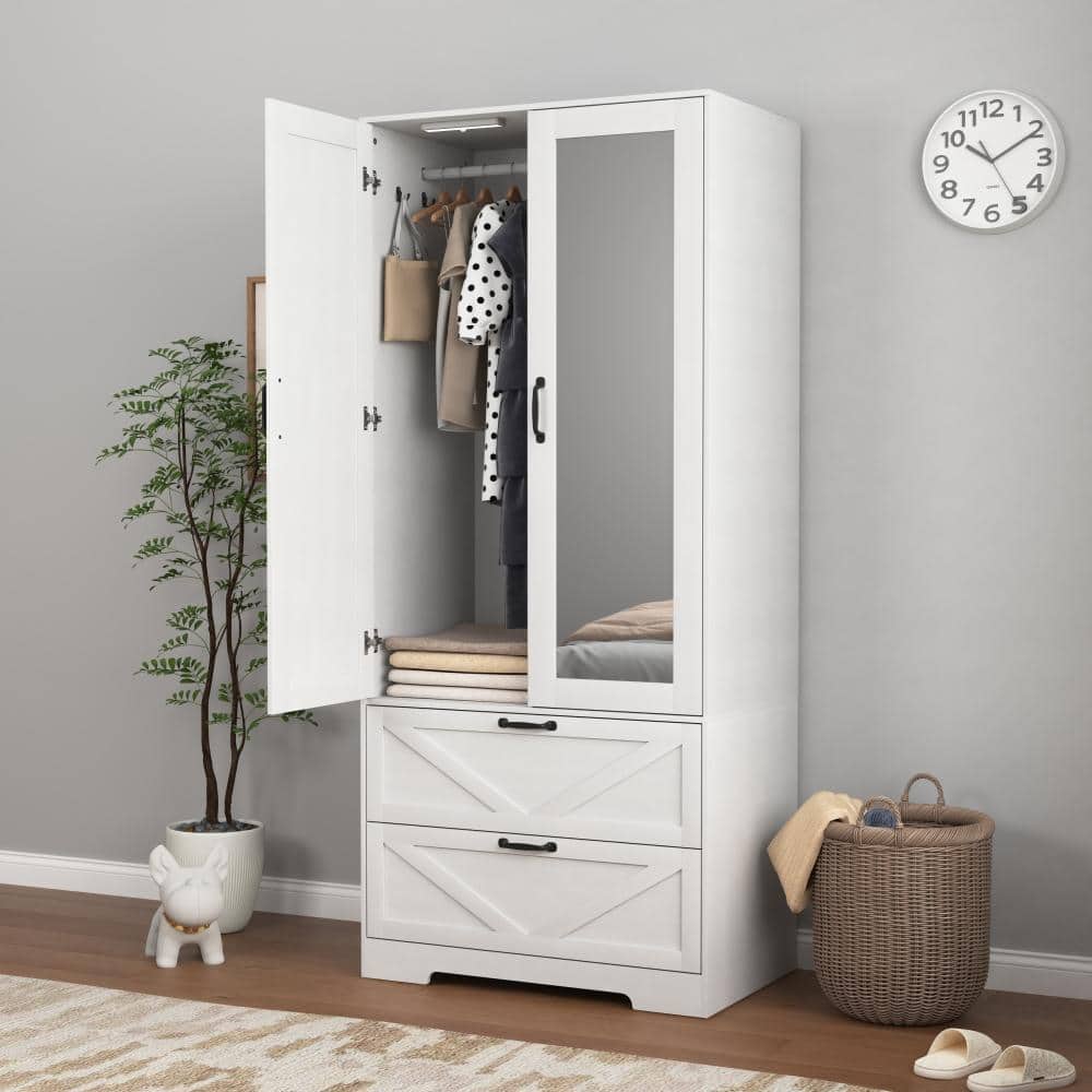 White 31.5 in. Bedroom Wardrobe with Mirror and 2 Drawers price history on PriceWatchPro
