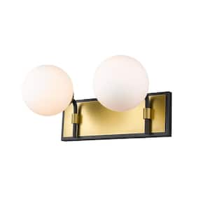 16 in. 2-Light Matte Black and Olde Brass Vanity Light with Opal Glass