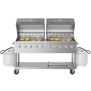 Portable Commercial Outdoor Propane Grill 72 in. with Two 36 in. Roll Dome Covers in Stainless Steel