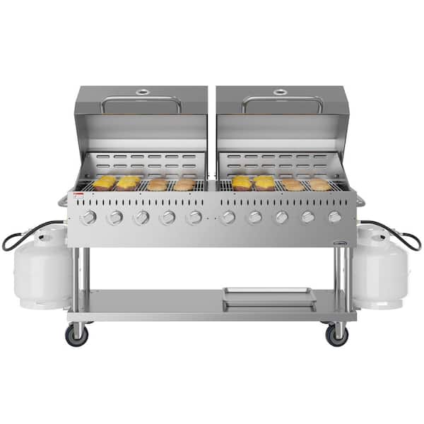 Portable Commercial Outdoor Propane Grill 72 in. with Two 36 in. Roll Dome Covers in Stainless Steel