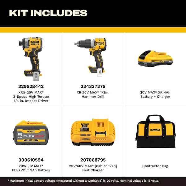 20V Lithium-Ion Cordless 2-Tool Combo Kit with 20V/60V FLEXVOLT 9 Ah Battery, 4 Ah Battery and Charger