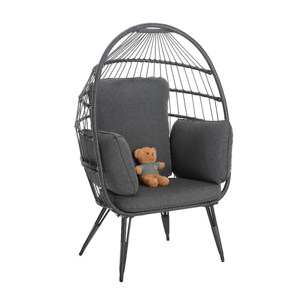 Sudzendf Black Patio Swing Wicker Steel Frame Outdoor Egg Lounge Chair with Gray Cushion