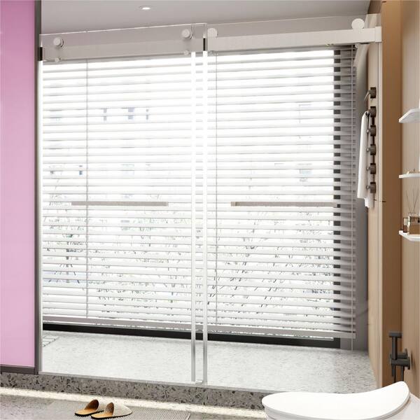 ANGELES HOME 68-72 in. W x 76 in. H Sliding Semi-Frameless Shower Door in Brushed Nickel Finish with Clear Glass, 3/8 in. (10 mm)