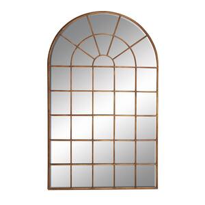 56 in. x 34 in. Window Pane Inspired Arched Framed Brown Wall Mirror with Arched Top