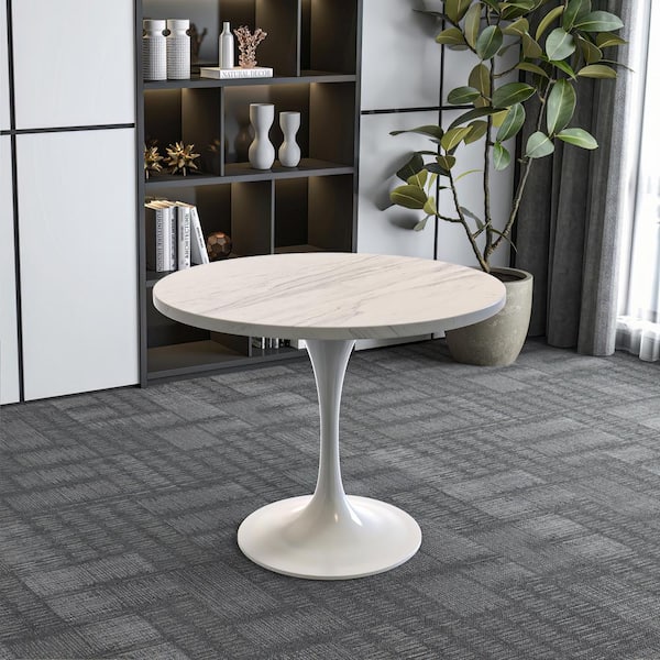 Leisuremod 36 in. Round Dining Table with a White Resin Tabletop Modern Stainless Steel Pedestal Base