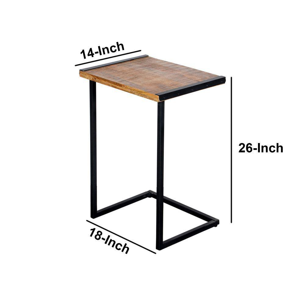 C-Shaped Mango Wood and Metal End Table, Brown and Black