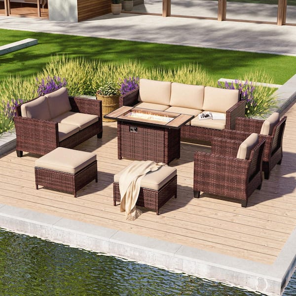 Sonkuki 7-Pieces Patio Conversation Set with Rectangle Fire Pit Table and Loveseat Sofa, Brown Wicker with Sand Cushions