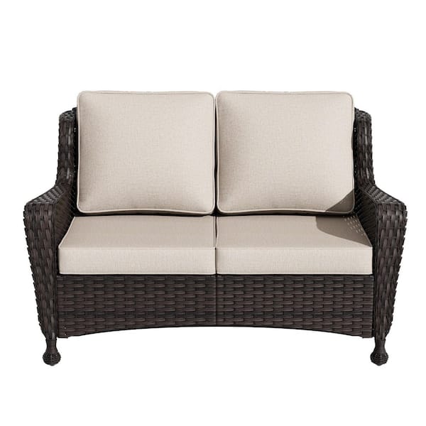 Wicker Outdoor Loveseat Patio Couch with Deep Seating and Beige Cushions