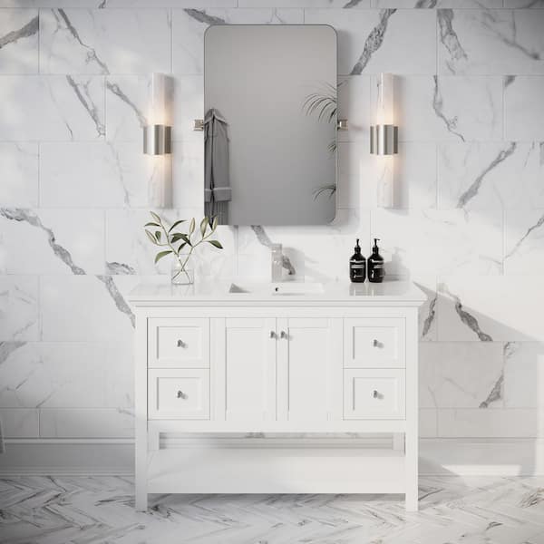 Manchester 48 in. Single Sink Shaker-Style White Bath Vanity with White Quartz Top and Integrated Sink