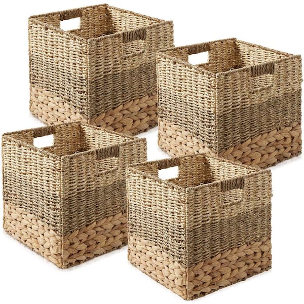 13" Mixed Weave Hyacinth Seagrass Storage Basket Cubes, Natural - Set of 4