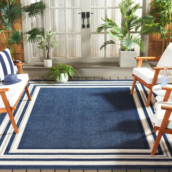 Cabana Blue/Ivory 9 ft. x 12 ft. Striped Border Indoor/Outdoor Area Rug