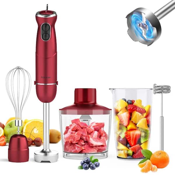 PRIMEPLUS 12 Speed Handheld Blender, 304 Stainless Steel Red Immersion Blender 5 in 1 Hand Blender, 1000-Watt Hand Mixer Stick