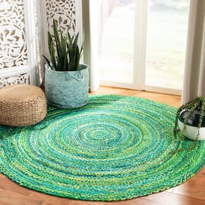 Braided Green 10 ft. x 10 ft. Solid Color Striped Round Area Rug