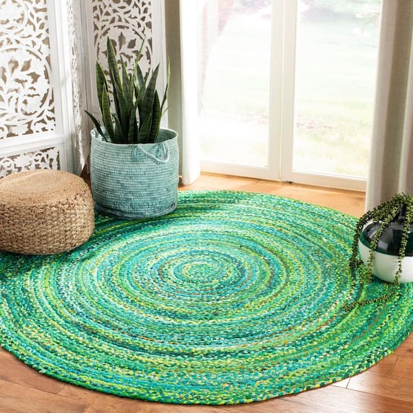 Braided Green 8 ft. x 8 ft. Solid Color Striped Round Area Rug